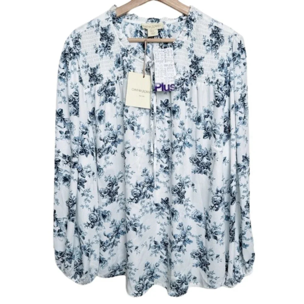 Cynthia Rowley Womens Size 2X Floral Long Sleeve Tie Neck Blouse